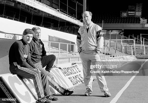 Queens Park Rangers manager Jim Smith with his assistants Bobby Campbell and Frank Sibley at Loftus Road in London, circa 1986.