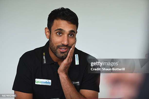 Ravi Bopara of England and Essex talks to the media during a Lycamobile & Chance to Shine Street Partnership Announcement at the Kia Oval on March...