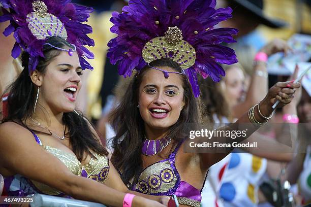 The fans enjoy the Sevens atmosphere at Westpac Stadium on February 7, 2014 in Wellington, New Zealand.