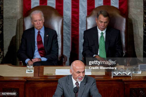 Ashraf Ghani, president of Afghanistan, speaks during a joint meeting of Congress with U.S. House Speaker John Boehner, a Republican from Ohio, top...