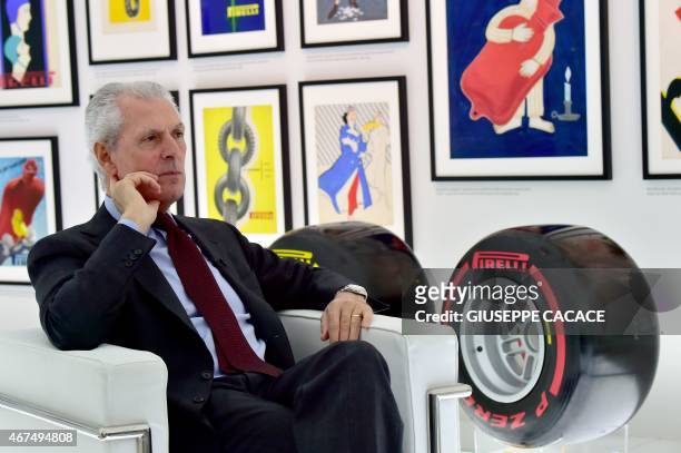 Chairman and Chief Executive Officer of Pirelli & C. S.p.A. Marco Tronchetti Provera poses at the end of an interview at the Pirelli headquarter in...