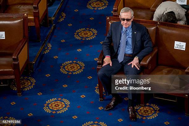 Senate Minority Leader Harry Reid, a Democrat from Nevada, waits for Ashraf Ghani, president of Afghanistan, not pictured, to speak during a joint...