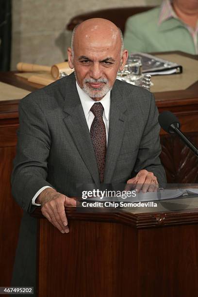 Afghanistan President Ashraf Ghani expresses his country's gratitude for America's fiscal commitment and military sacrifices during an address to a...