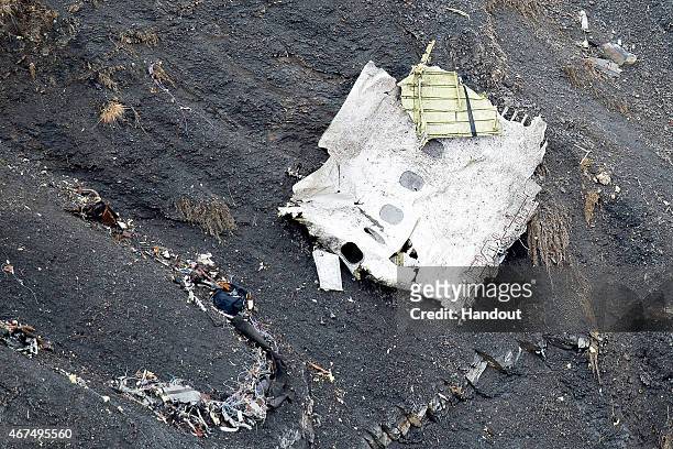 In this handout image supplied by the Ministere de l'Interieur , search and rescue teams attend to the crash site of the Germanwings Airbus in the...