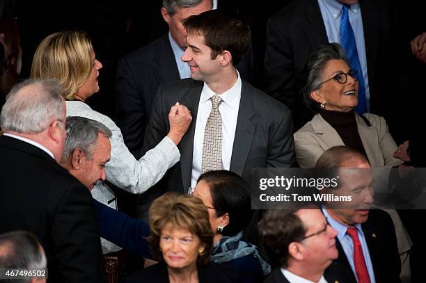 Sen. Tom Cotton, R-Ark., talks with Rep. Ileana Ros-Lehtinen, R-Fla., in the Capitol's House Chamber before Afghan President Ashraf Ghani addressed a...