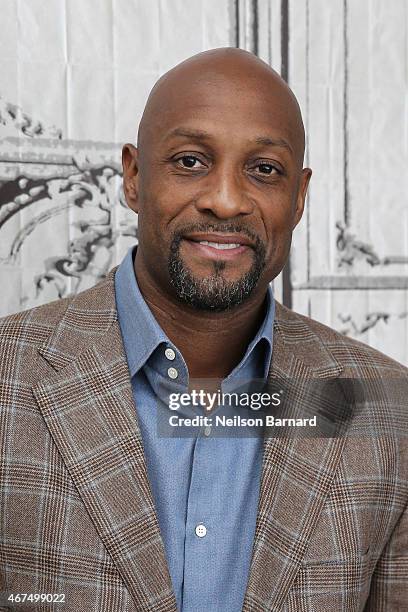 American retired professional basketball player Alonzo Mourning discusses March Madness at AOL Studios in New York on March 25, 2015 in New York City.