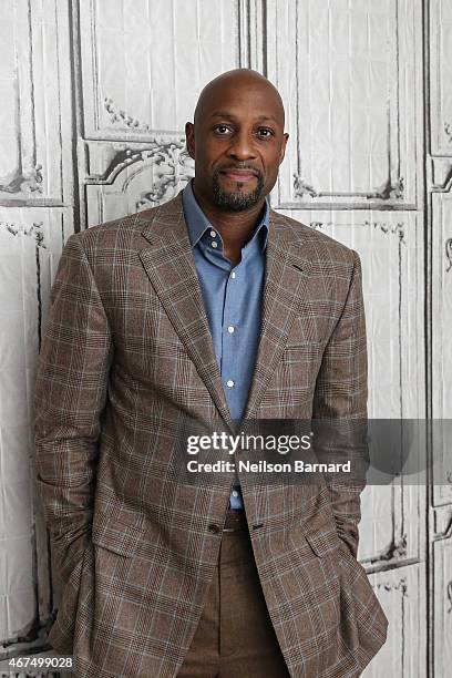 American retired professional basketball player Alonzo Mourning discusses March Madness at AOL Studios in New York on March 25, 2015 in New York City.