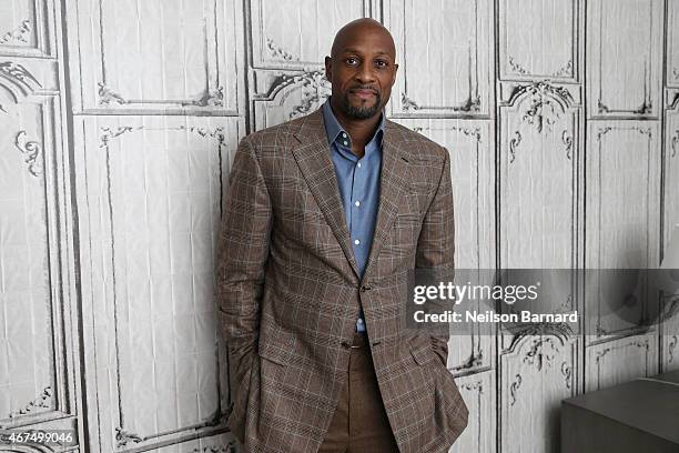 American retired professional basketball player Alonzo Mourning discusses March Madness at AOL Studios in New York on March 25, 2015 in New York City.