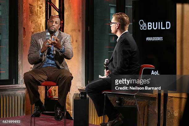 American retired professional basketball player Alonzo Mourning discusses March Madness at AOL Studios in New York on March 25, 2015 in New York City.