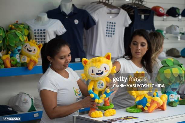 Mascots of the games for sale at the official shop of the Rio 2016 Olympic and Paralympic Games, in Rio de Janeiro, Brazil, on March 25, 2015. AFP...