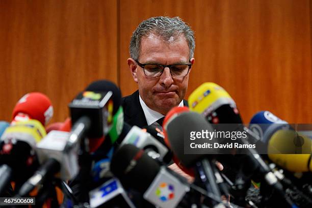 Lufthansa Group CEO Carsten Spohr faces the media during a press conference at the Terminal 2 of the Barcelona El Prat Airport on March 25, 2015 in...
