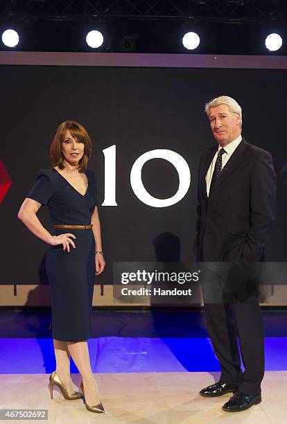 In this handout provided by Sky News, Kay Burley and Jeremy Paxman at the rehearsals ahead of 'Cameron & Miliband ; The Battle For Number 10' on...