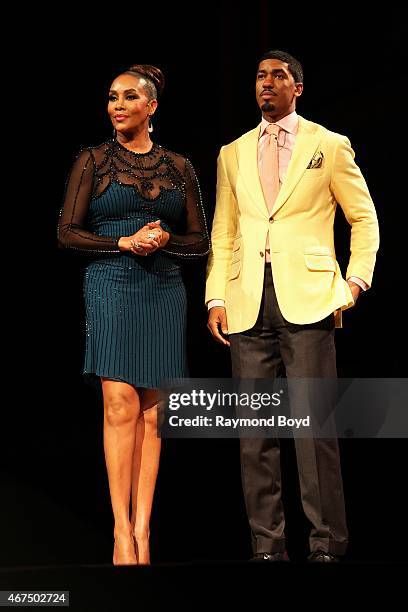 Actress Vivica A. Fox and actor Fonzworth Bentley on stage hosting the Allstate Gospel SuperFest 2015 at House Of Hope Arena on March 21, 2015 in...