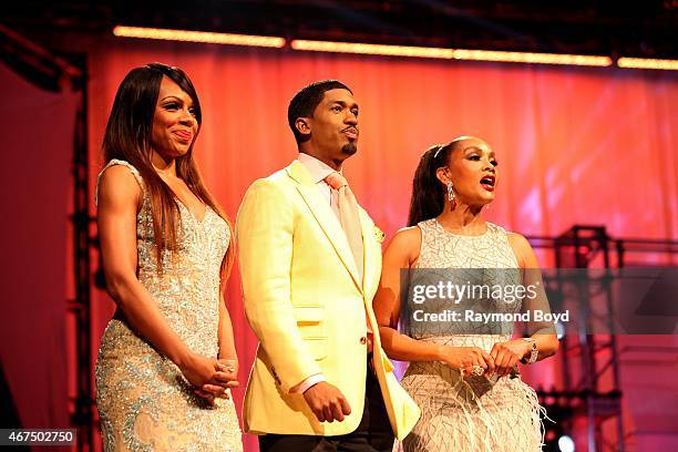 Actress Wendy Raquel Robinson, actor Fonzworth Bentley and actress Vivica A. Fox on stage hosting the Allstate Gospel SuperFest 2015 at House Of Hope...