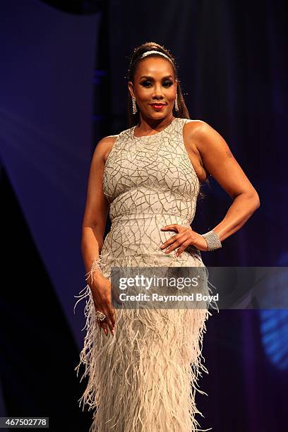 Actress Vivica A. Fox poses for photos on stage while taking a break from hosting the Allstate Gospel SuperFest 2015 at House Of Hope Arena on March...