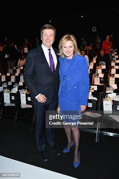 Mississauga Mayor Bonnie Crombie and Toronto Mayor John Tory attend World MasterCard Fashion Week Fall 2015 Collections Day 2 at David Pecaut Square...