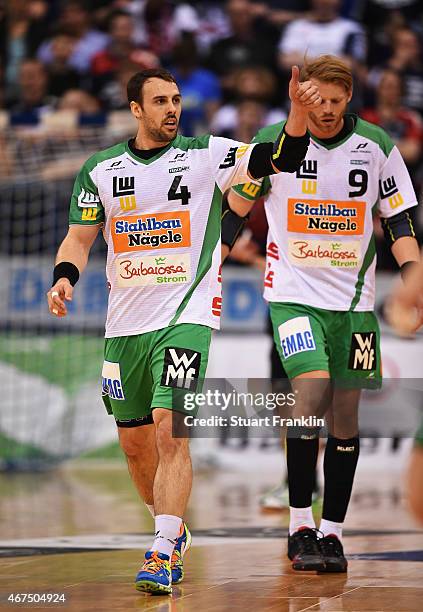 Tim Kneule of Goeppingen celebrates during the DKB Bundesliga handball match between SG Flensburg-Handewitt and FA Goeppingen on March 25, 2015 in...