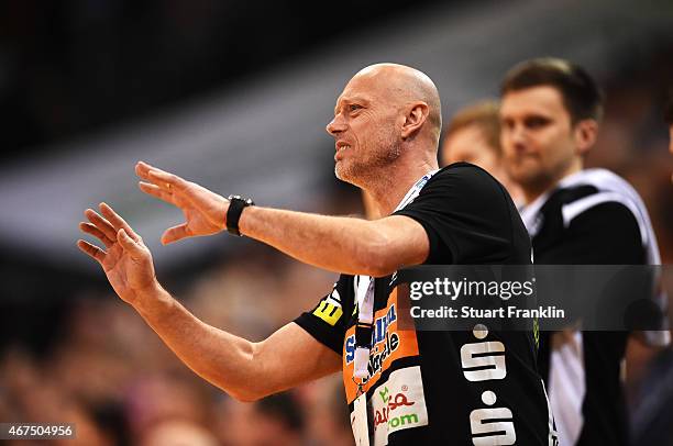 Magnus Andersson, head coach of Goeppingen looks on during the DKB Bundesliga handball match between SG Flensburg-Handewitt and FA Goeppingen on...