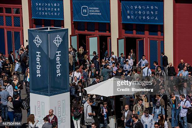 Attendees exit the Herbst Pavilion after the keynote address during the Facebook F8 Developers Conference in San Francisco, California, U.S., on...