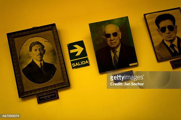 Pictures of the club founders are seen on the wall of Unión Nacional de Ciegos del Perú, a social club for the visually impaired on April 03, 2013 in...