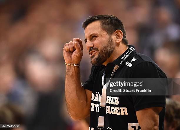 Ljubomir Vranjes, head coach of Flensburg gestures during the DKB Bundesliga handball match between SG Flensburg-Handewitt and FA Goeppingen on March...