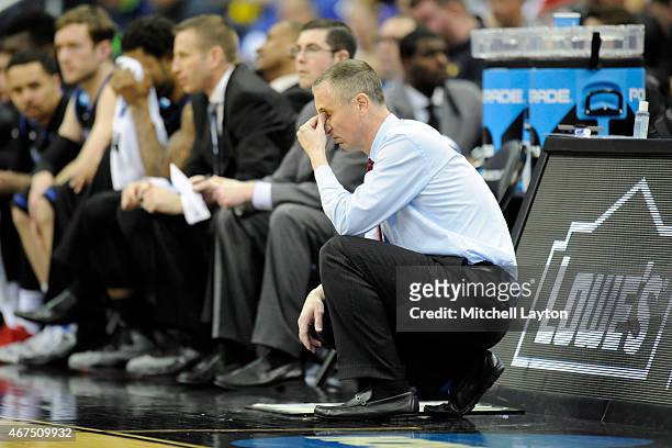 Head coach Bobby Hurley of the Buffalo Bulls reacts to missed shot during the second round of the 2015 NCAA Men's Basketball Tournament against the...