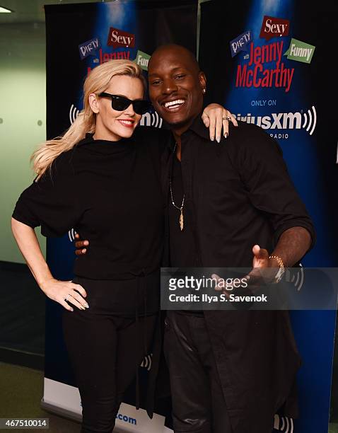 Jenny McCarthy and Tyrese Gibson pose during a visit to 'Dirty, Sexy, Funny with Jenny McCarthy at the SiriusXM Studios on March 25, 2015 in New York...