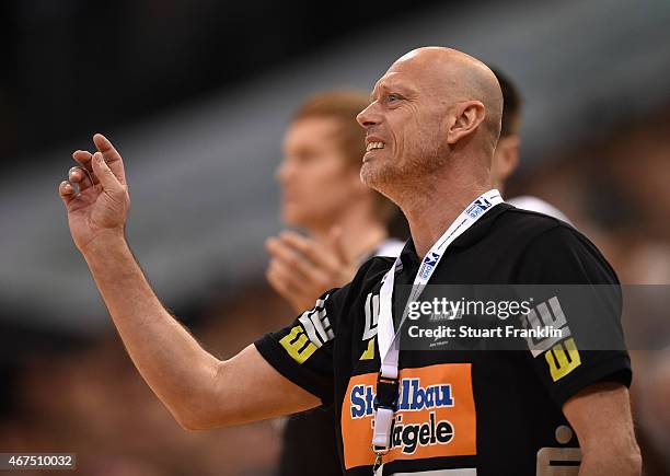 Magnus Andersson, head coach of Goeppingen looks on during the DKB Bundesliga handball match between SG Flensburg-Handewitt and FA Goeppingen on...