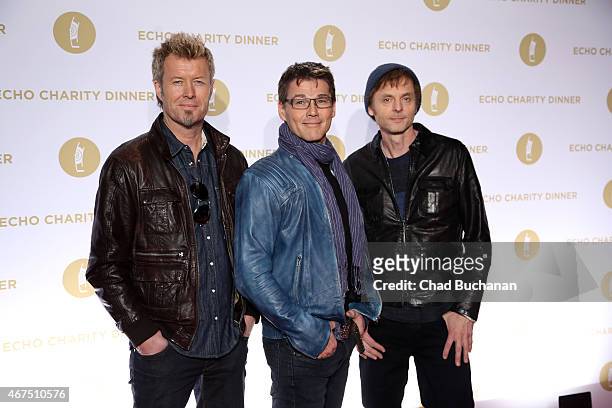 Ha band members Magne Furuholmen, Morten Harket and Paul Waaktaar-Savoy attend the Echo Award 2015 Charity Dinner at Grill Royal on March 25, 2015 in...