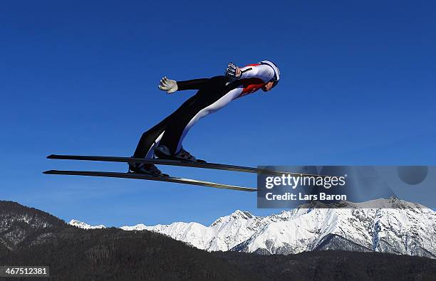 Peter Prevc of Slovenia jumps during the Men's Normal Hill Individual training ahead of the Sochi 2014 Winter Olympics at the RusSki Gorki Ski...