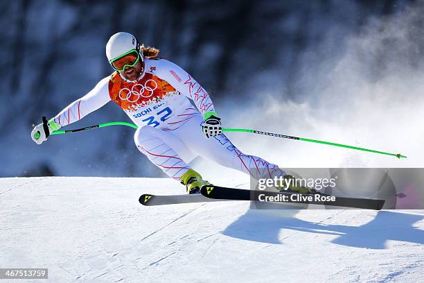 Erik Fisher of the United States skis during training for the Alpine Skiing Men's Downhill ahead of the Sochi 2014 Winter Olympics at Rosa Khutor...