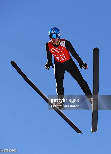 Thomas Diethart of Austria jumps during the Men's Normal Hill Individual training ahead of the Sochi 2014 Winter Olympics at the RusSki Gorki Ski...