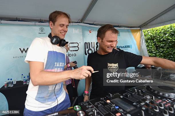 Armin van Buuren and Dash Berlin perform at the SiriusXM's "UMF Radio" Broadcast Live from the SiriusXM Music Lounge at W Hotel on March 25, 2015 in...