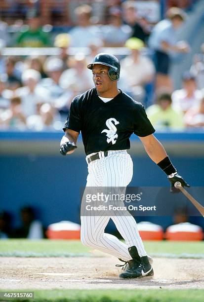 Bo Jackson of the Chicago White Sox bats during an Major League Baseball spring training game circa 1992. Jackson played for the White Sox from...
