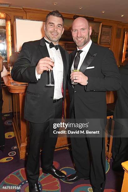 Nick Easter and Lawrence Dallaglio attend the 6 Nations Review dinner supporting the Matt Hampson Foundation and Wooden Spoon children's charity at...