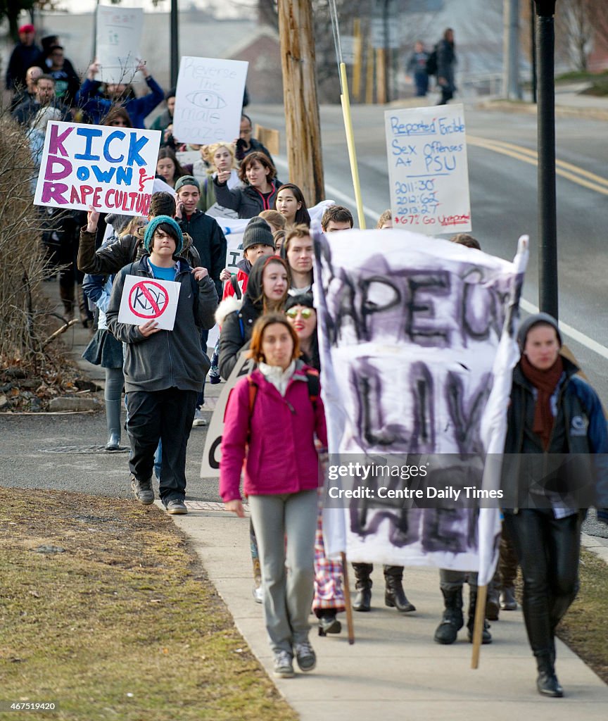 Protestors outside Penn State's Kappa Delta Rho