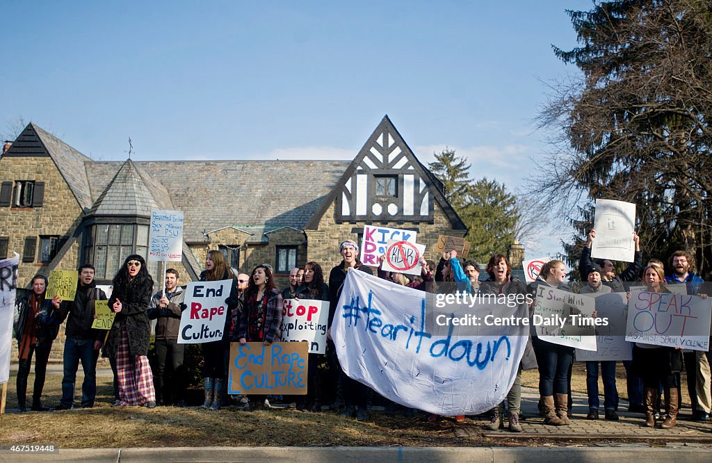 Protestors outside Penn State's Kappa Delta Rho