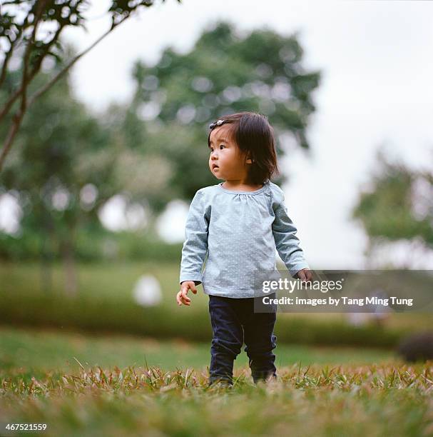 Baby standing on the lawn in park looking away