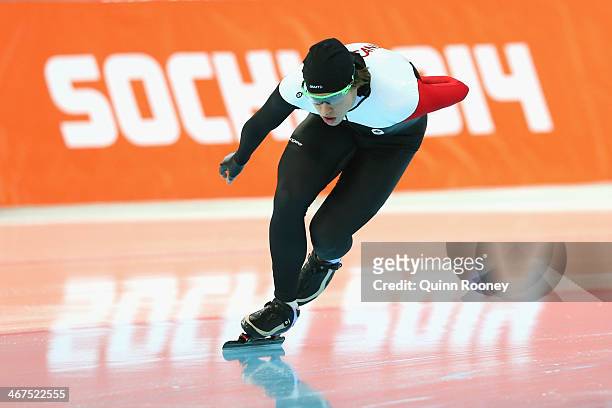 Speed Skater Mathieu Giroux of Canada practices during a speed skating training session ahead of the Sochi 2014 Winter Olympics at Adler Arena...