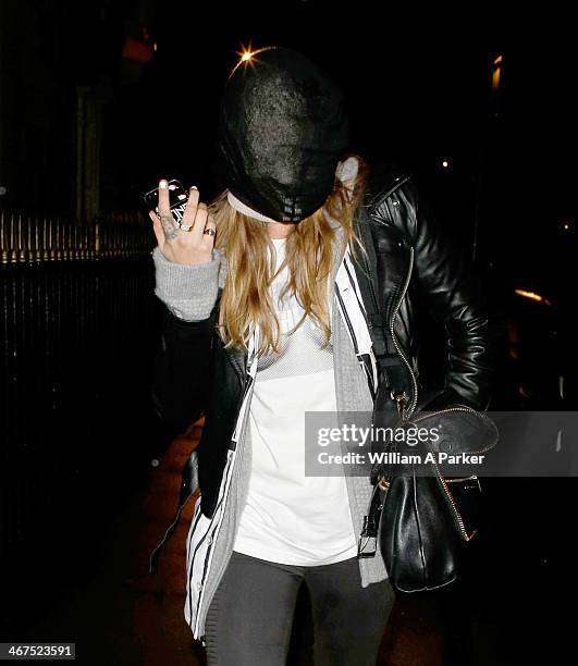 Cara Delevingne spotted arriving back at her home at 1am after having a night out. On February 6, 2014 in London, England.