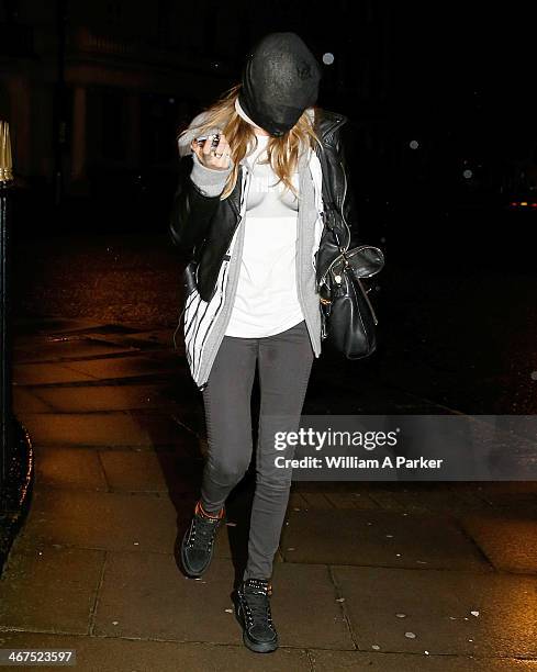 Cara Delevingne spotted arriving back at her home at 1am after having a night out. On February 6, 2014 in London, England.