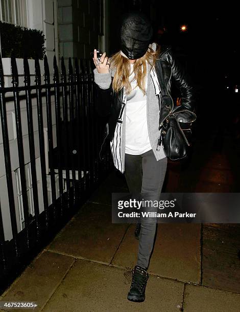 Cara Delevingne spotted arriving back at her home at 1am after having a night out. On February 6, 2014 in London, England.