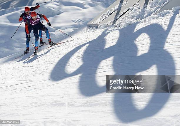 Alexander Legkov and Ilia Chernousov of Russia train ahead of the Sochi 2014 Winter Olympics at the Laura Cross-Country Ski and Biathlon Center on...