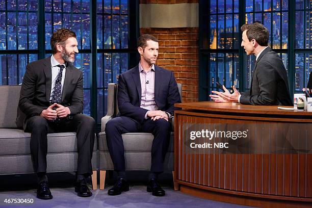 Episode 0182 -- Pictured: Creators of HBOs Game of Thrones, David Benioff and Daniel Weiss during an interview with host Seth Meyers on March 25,...
