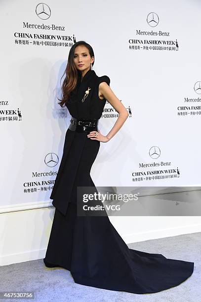 Yolanda Huang, model and founder of Miss Yolanda, shows at the Sheguang Hu show during the Mercedes-Benz China Fashion Week 2015 Autumn/Winter...