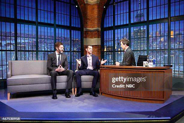 Episode 0182 -- Pictured: Creators of HBOs Game of Thrones, David Benioff and Daniel Weiss during an interview with host Seth Meyers on March 25,...