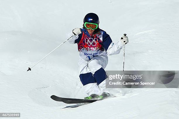 Heather McPhie of the United States practices during the Men's and Ladies Moguls official training session ahead of the the Sochi 2014 Winter...