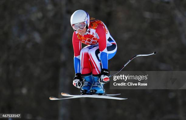 Marie Marchand-Arvier of France in action during training for the Alpine Skiing Women's Downhill ahead of the Sochi 2014 Winter Olympics at Rosa...