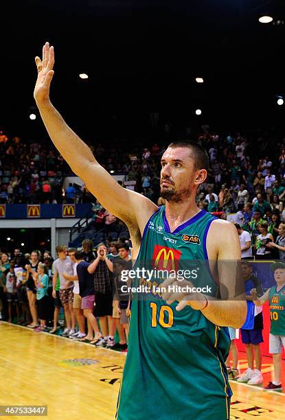 Russell Hinder of the Crocodiles waves to the crowd after winning the round 17 NBL match between the Townsville Crocodiles and the Perth Wildcats at...