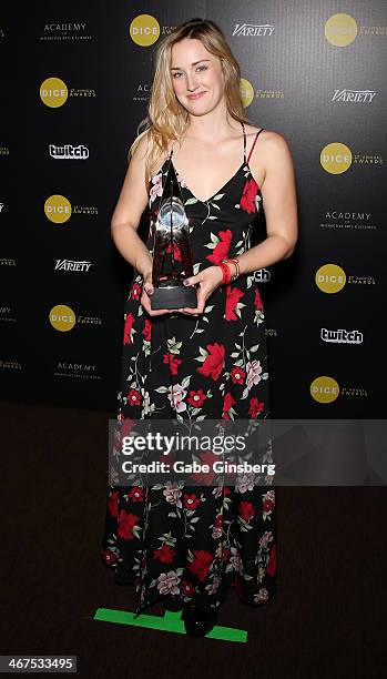 Actress Ashley Johnson, winner of Outstanding Character Performance for her portrayal of the character Ellie in the video game "The Last of Us" poses...